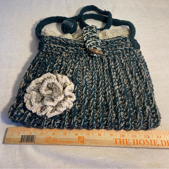 Handmade Chunky Knit Hobo Bag crossbody Purse carry all Boho Hippie green tan - Picture 13 of 16